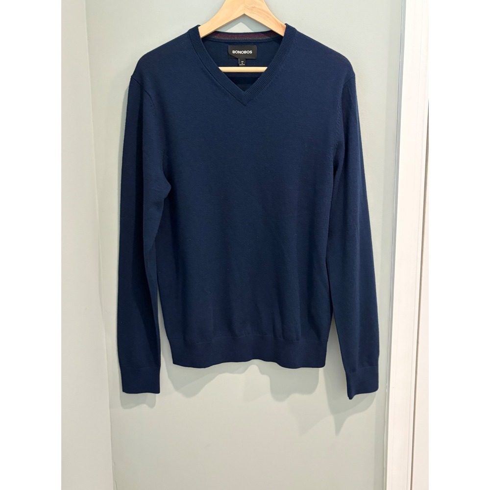 Bonobos Mens Navy Blue 100% Extra Fine Merino Wool V-Neck Slim Fit Sweater M